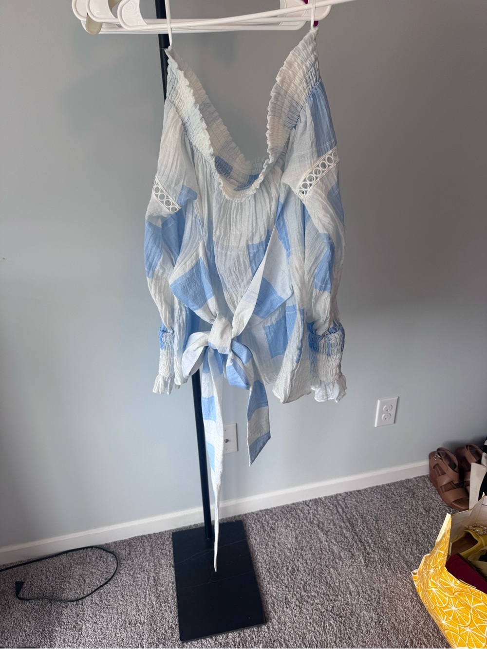 Elliatt Blue and White Smocked Tie-Front Blouse